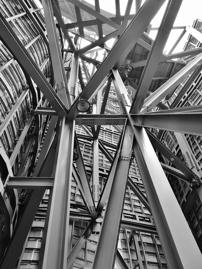 gallery-1 A detailed view of a complex steel framework showcasing modern industrial architecture.