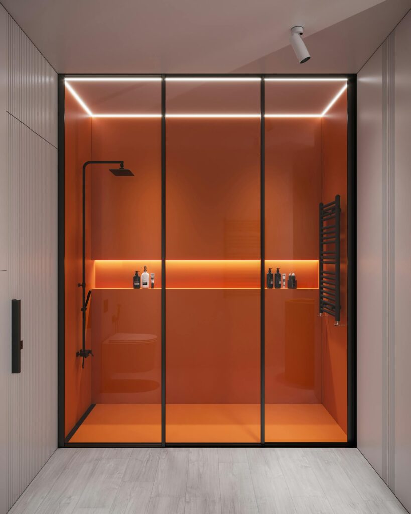 pexels photo 17840522 17840522 Sleek modern shower with orange glass panels, minimalistic and elegant.