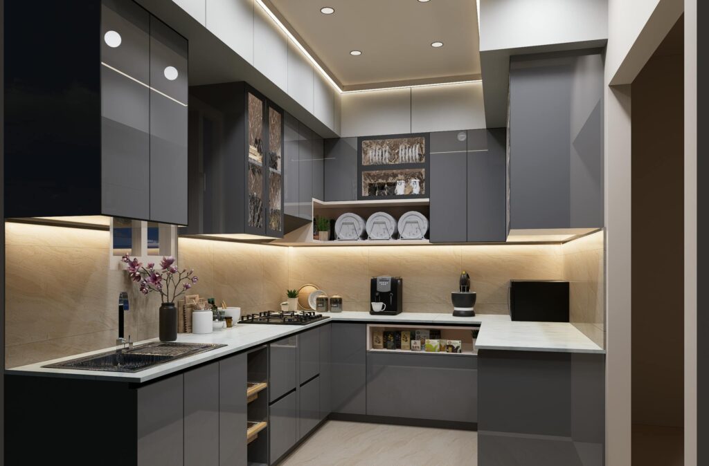pexels photo 32177980 32177980 Stylish modern kitchen featuring sleek gray cabinets and under-cabinet lighting.